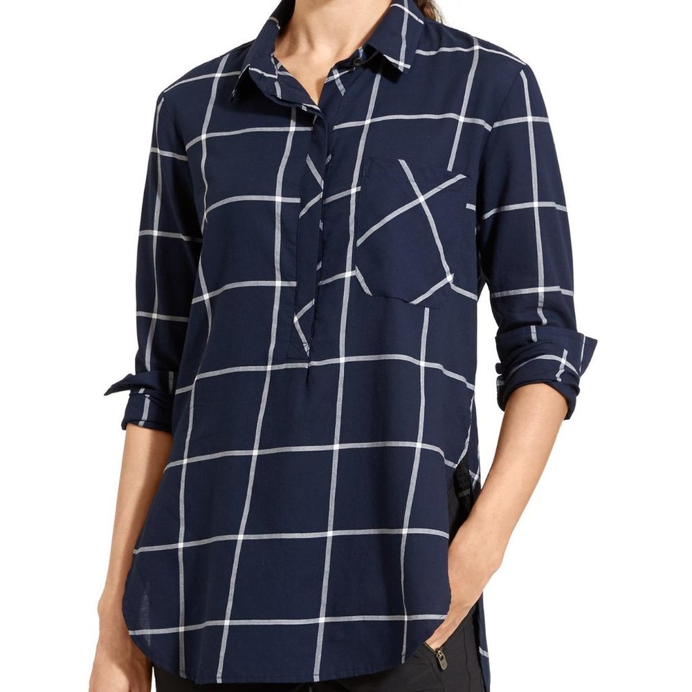 Athleta Blue Plaid Popover Hi-Low Top